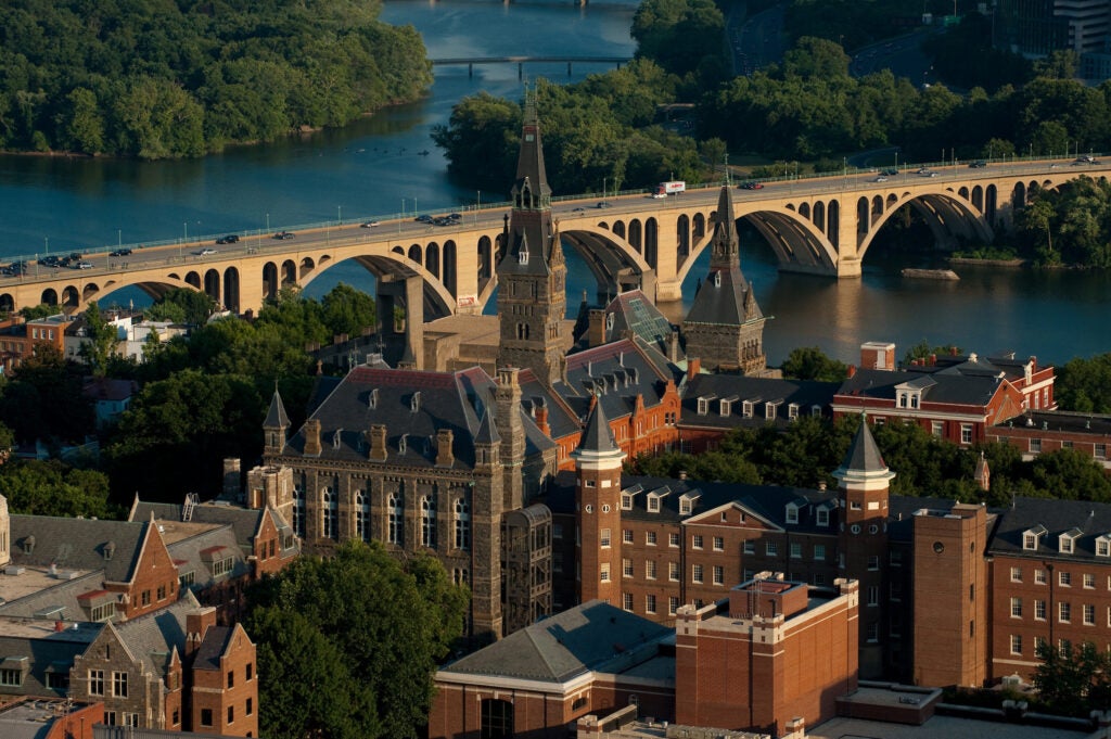 Aerial view of campus and Key Bridge