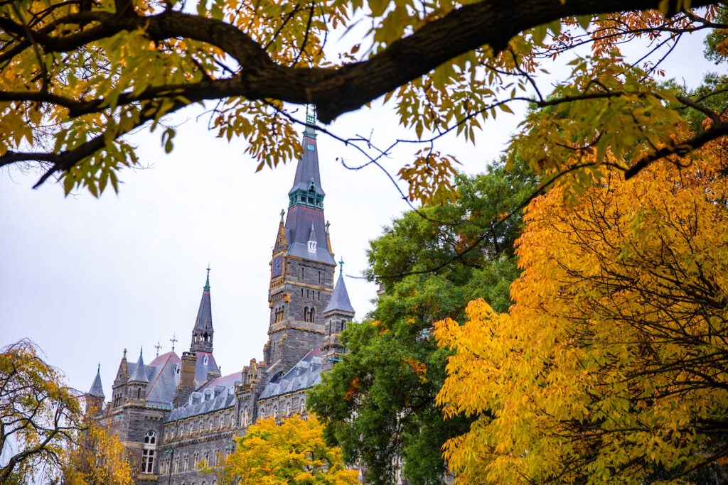 View of Healy Hall in fall with autumn leaves