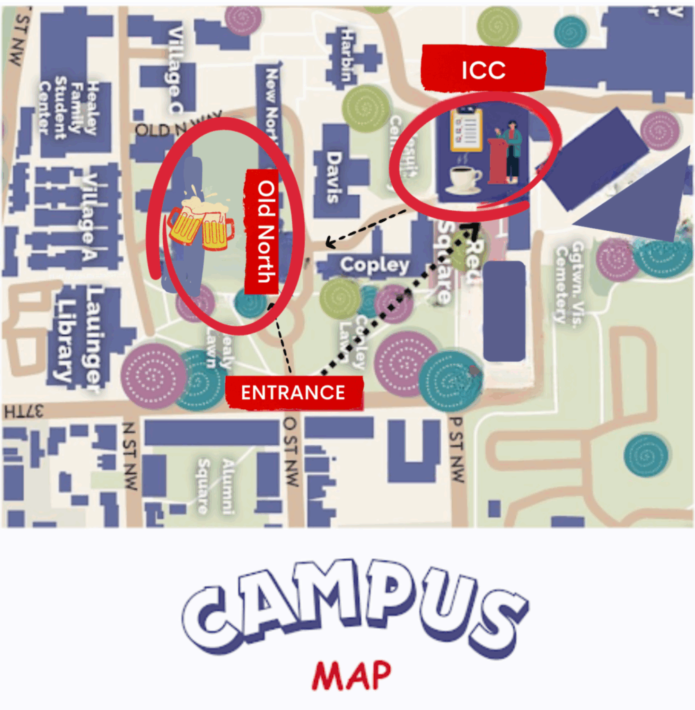 Map that shows where the buildings ICC and Old North are located.